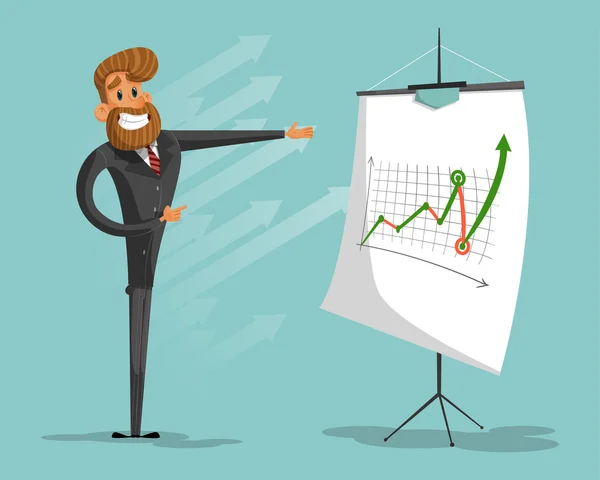 Feliz hombre de negocios o gerente alardea gráfico de éxito. ilustraciones vectoriales — Vector de stock