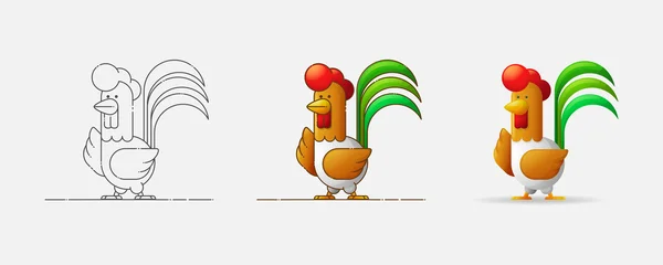 Coq. Nouvel An 2017. Année du Coq. Coq dans différents styles. Contour, plat, dessin animé. Illustration vectorielle . — Image vectorielle