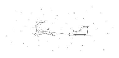 Yeni yıl. Noel. Xmas. Geyik ve kızak gökyüzünde uçmak. Çizgi film. Kontur. İzole et. Hisse senedi vektör.