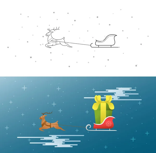 Año Nuevo. Navidad. Navidad. El ciervo y el trineo vuelan por el cielo. Plano. Dibujos animados. Contorno. Aislar. Vector de acciones. Dos en uno . — Vector de stock