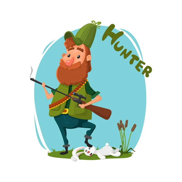 Avcılık. Bir avcı şapkasını ve jöle silahlı bir tavşan alındı. Sazlık, çim, hayvanlar. Vektör çizim, karikatür tarzı