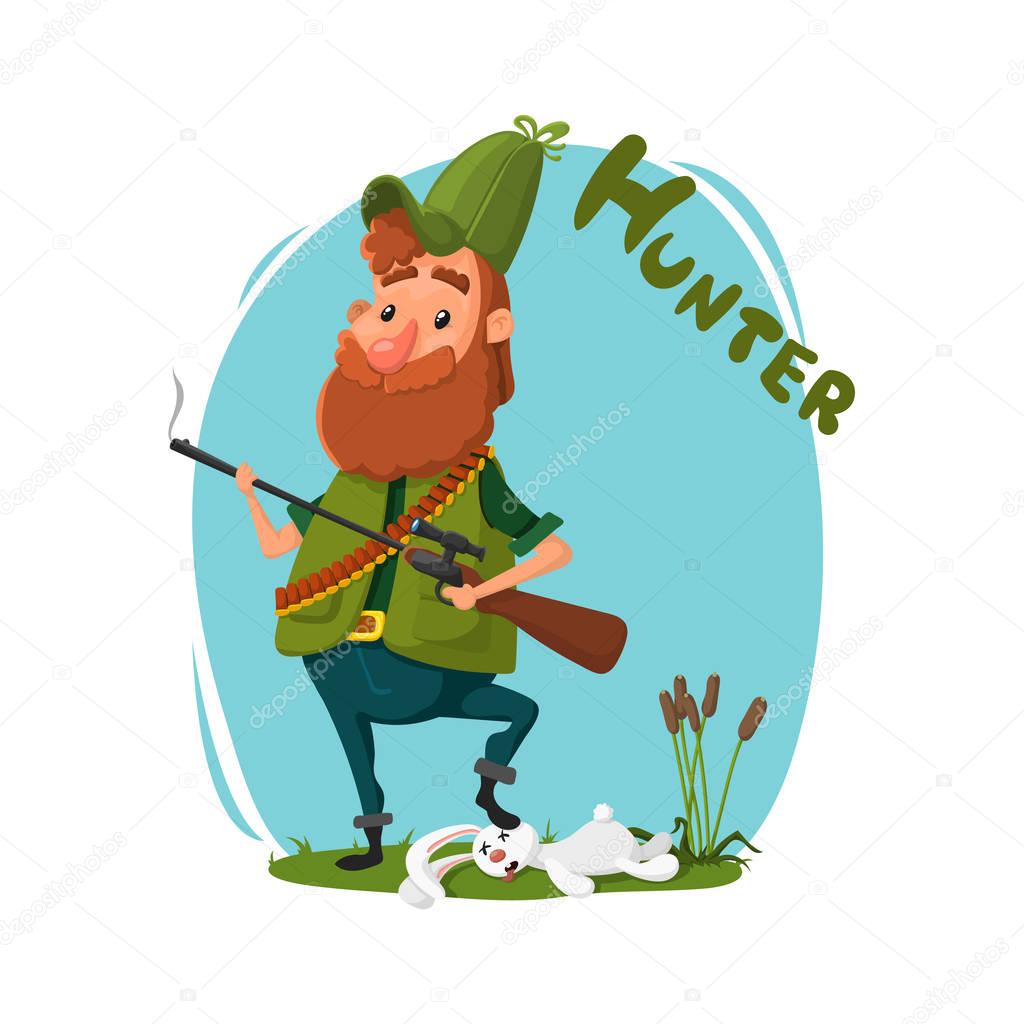 Hunting. A hunter with a gun in his cap and in jelly retrieved a rabbit. Reeds, grass, animals. Vector illustration, cartoon style