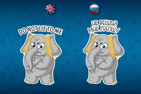 Çıkartmalar elephan. Aldatma. Kulaklarda erişte var. Memnun. İngilizce ve Rusça dillerinde büyük set. Vektör, karikatür