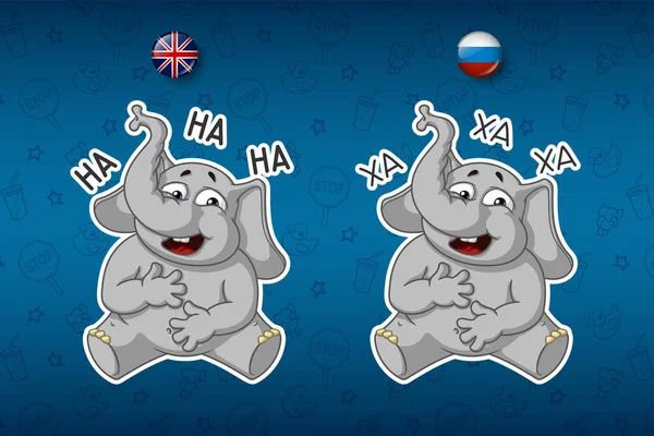 Çıkartmalar filler. Midesini tutan gülüyor. Etiketleri İngilizce ve Rusça dillerinde büyük kümesi. Vektör, çizgi film