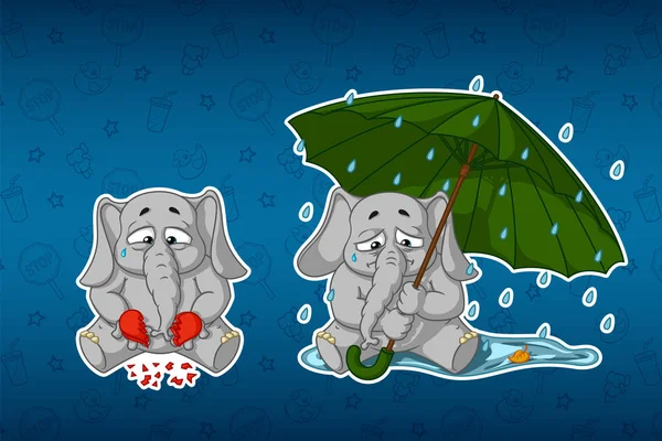 Çıkartmalar filler. Kırık kalp, üzüntü, özlem. Şemsiyesi altında oturur, yağmur yağıyor. Etiketleri İngilizce ve Rusça dillerinde büyük kümesi. Vektör, çizgi film