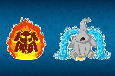 Stickers elephants. Angry, he's on fire. Sobs, big tears. Big set of stickers. Vector, cartoon clipart
