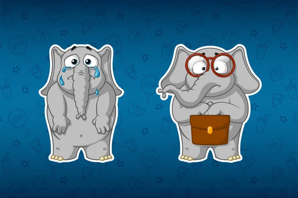 Çıkartmalar filler. Ağlamak, gözyaşı bırakarak, ellerini düşürücü. Botanikçi bir evrak çantası ve gözlük ile duruyor. Etiketleri büyük kümesi. Vektör, çizgi film