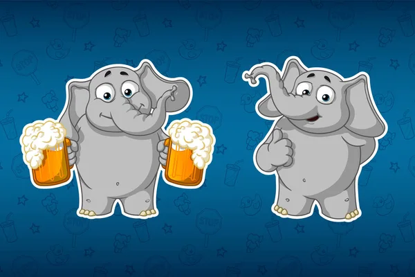 Matricák elefántok. Ő tartja bögre sört, és felajánlja, hogy inni. Felemelte az ujját, mint. Nagy készlet matricák. Vektor, rajzfilm — Stock Vector