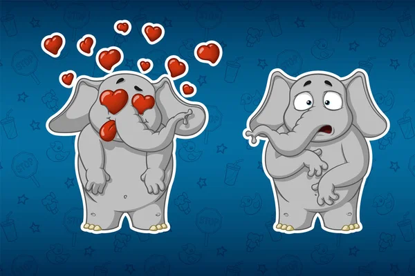 Pegatinas elefantes. Muy enamorada. Está sorprendido. Gran juego de pegatinas. Vector, dibujos animados — Archivo Imágenes Vectoriales