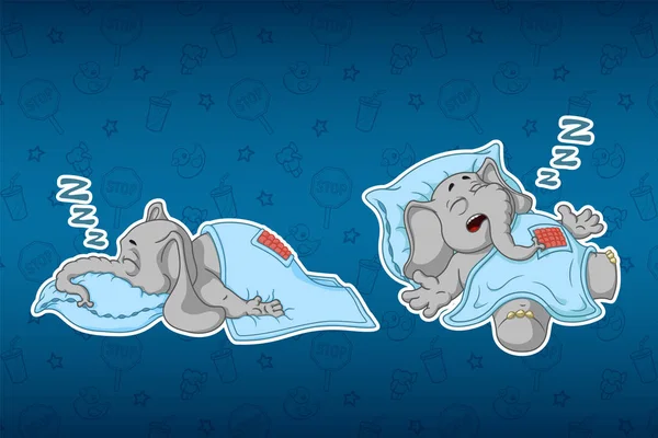 Stickers éléphants. Il dort avec un sommeil profond, couvert d'une couverture. Gros lot d'autocollants. Vecteur, dessin animé — Image vectorielle
