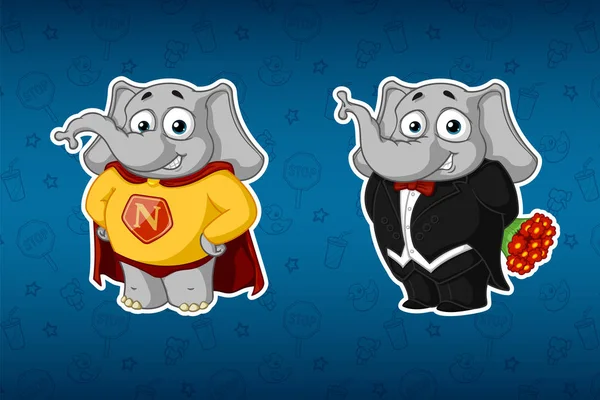 Çıkartmalar filler. Bir süper kahraman bir pelerin içinde. Bir smokin, bir buket çiçek tutan. Etiketleri büyük kümesi. Vektör, çizgi film