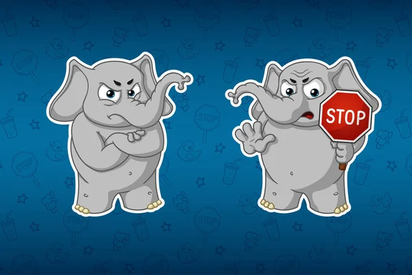 Çıkartmalar filler. Dur işareti, elinde tutar. Uyarı. Nelovolen. Etiketleri büyük kümesi. Vektör, çizgi film