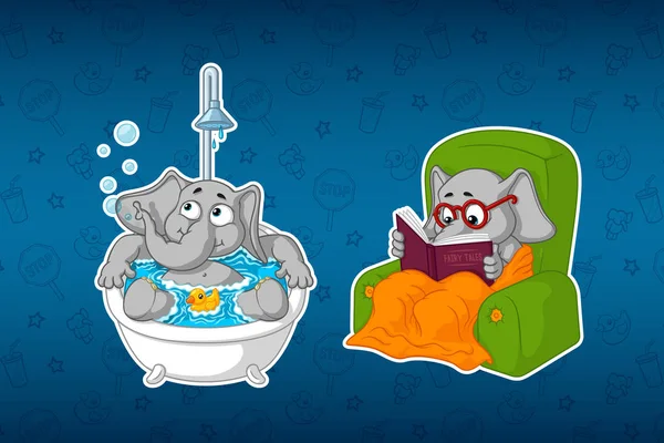 Çıkartmalar filler. Banyoda. Duşta. Su yordamlar. O bir sandalye okuma oturuyor. Etiketleri büyük kümesi. Vektör, çizgi film