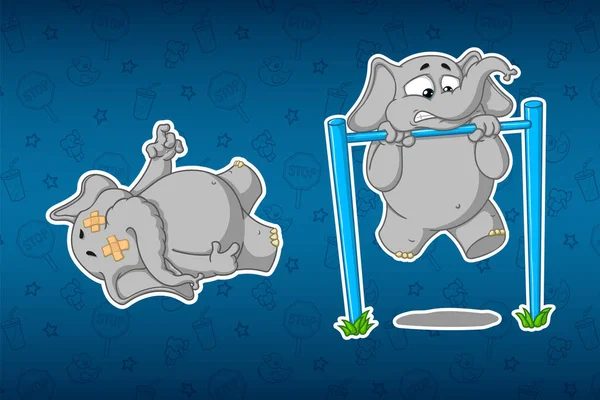 Çıkartmalar filler. Turnike pull-up için. Onun için zor. Ceset yalan. Etiketleri büyük kümesi. Vektör, çizgi film.