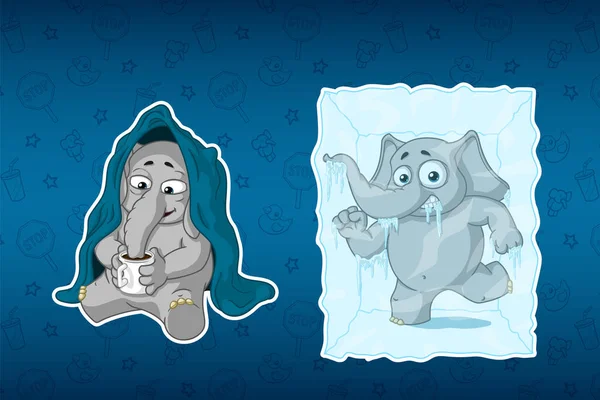 Çıkartmalar filler. Çay içme bir battaniyenin altında oturuyor. Ice cube içinde donmuş. Etiketleri büyük kümesi. Vektör, çizgi film