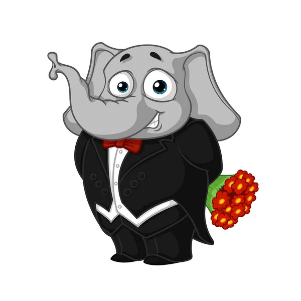 Elefante. Personagem. Num smoking, segurando um buquê de flores. Grande coleção de elefantes isolados. Vetor, desenho animado —  Vetores de Stock