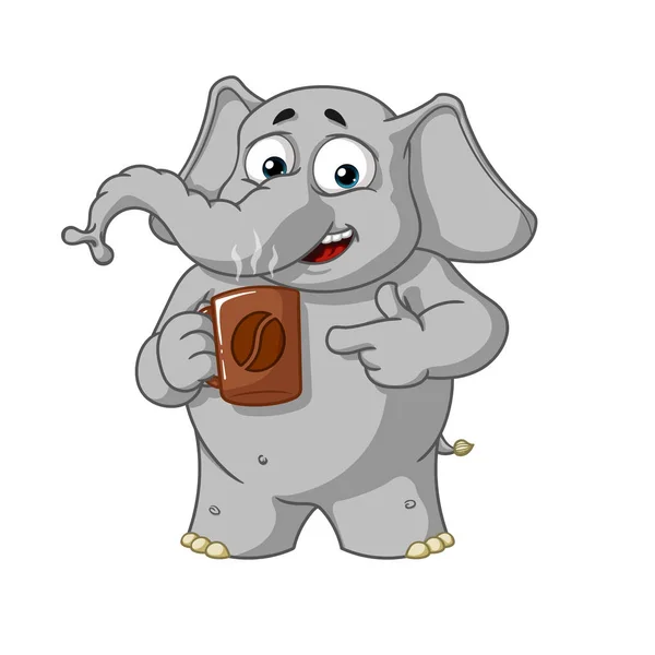 Elefante. Carácter. Descanso. Ofrece una taza de café. Gran colección de elefantes aislados. Vector, dibujos animados — Archivo Imágenes Vectoriales