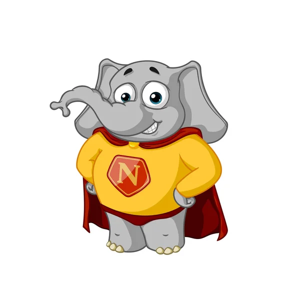 Fil. Karakter. Bir süper kahraman bir kırmızı pelerin içinde. İzole filler büyük koleksiyonu. Vektör, çizgi film