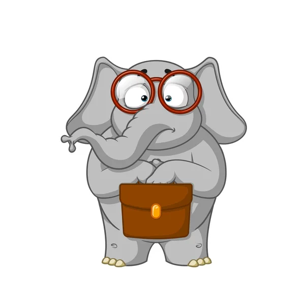 Elefante. Carácter. El botánico con gafas tiene un maletín en sus manos. Sorprendido. Gran colección de elefantes aislados. Vector, dibujos animados — Vector de stock
