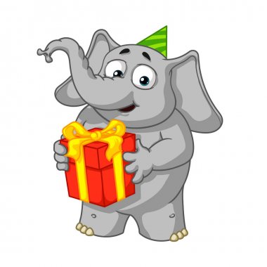 Büyük koleksiyon vektör çizgi film karakterleri izole bir arka plan üzerinde fil. Bir hediye tutar, tebrik