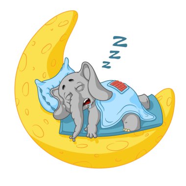 Fil. Karakter. Ayın üzerinde uyuyor. İzole filler büyük koleksiyonu. Vektör, çizgi film.