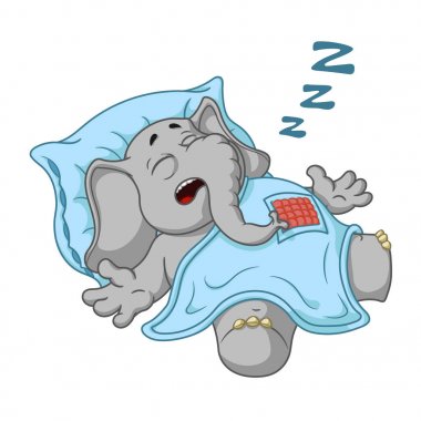 Fil. Karakter. Bir battaniye ile örtülü bir derin uyku ile uyuyor. İzole filler büyük koleksiyonu. Vektör, çizgi film.