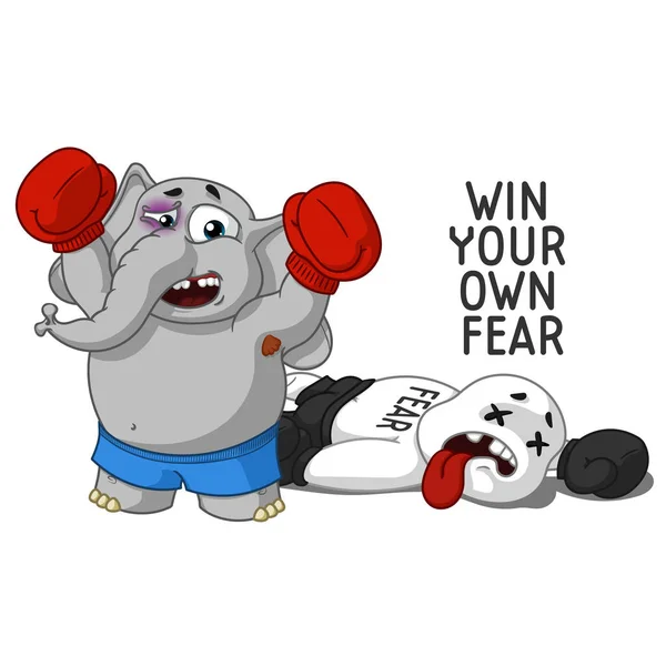 Fil. Karakter. Onun korkusunu ele geçirdi. Boksör. İzole filler büyük koleksiyonu. Vektör, çizgi film.