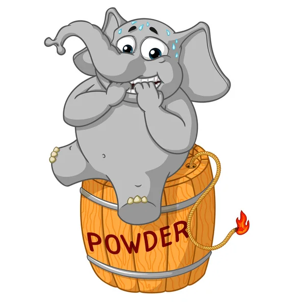 Elephant. Character. Nervous, sitting on a powder keg. Lit the wick. Big collection of isolated elephants. Vector, cartoon. — Stock Vector