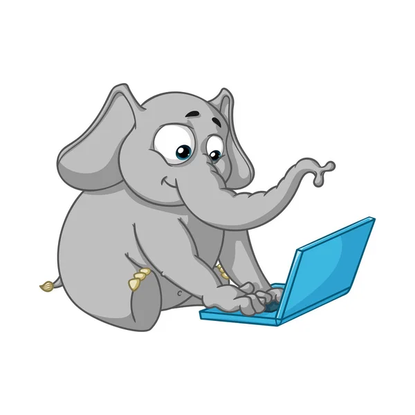 Elefánt. Karakter. Ül a számítógép. Munka az interneten. Kommunikáció a hálózaton. Nagy gyűjteménye elszigetelt elefántok. Vektor, rajzfilm. — Stock Vector