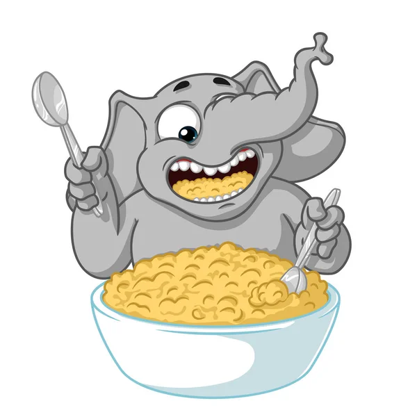 Olifant. Karakter. Hij eet PAP met een lepel. Grote verzameling van geïsoleerde olifanten. Vector, tekenfilm. — Stockvector