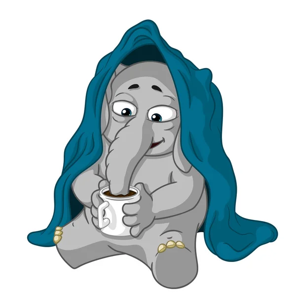 Olifant. Karakter. Hij zit onder een deken, drinken van thee. Grote verzameling van geïsoleerde olifanten. Vector, tekenfilm. — Stockvector