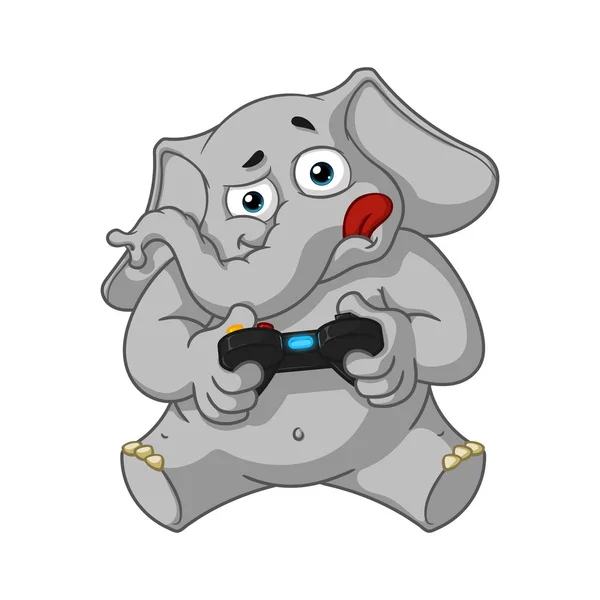 Elefante. Carácter. Jugando videojuegos, joystick, gamepad. Gran colección de elefantes aislados. Vector, dibujos animados . — Archivo Imágenes Vectoriales