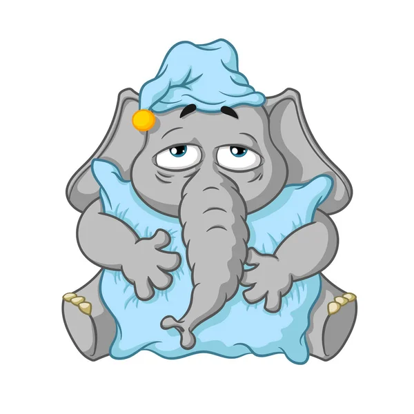Elefante. Carácter. Quiere dormir abrazando una almohada. Gran colección de elefantes aislados. Vector, dibujos animados . — Archivo Imágenes Vectoriales