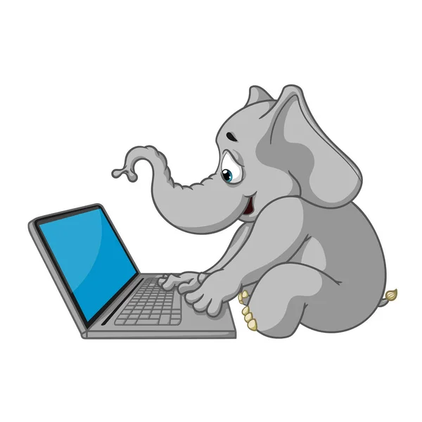 Elefante. Carattere. Si siede al computer. Lavora su Internet. Comunicazione in rete. Grande collezione di elefanti isolati. Vettore, cartoni animati . — Vettoriale Stock