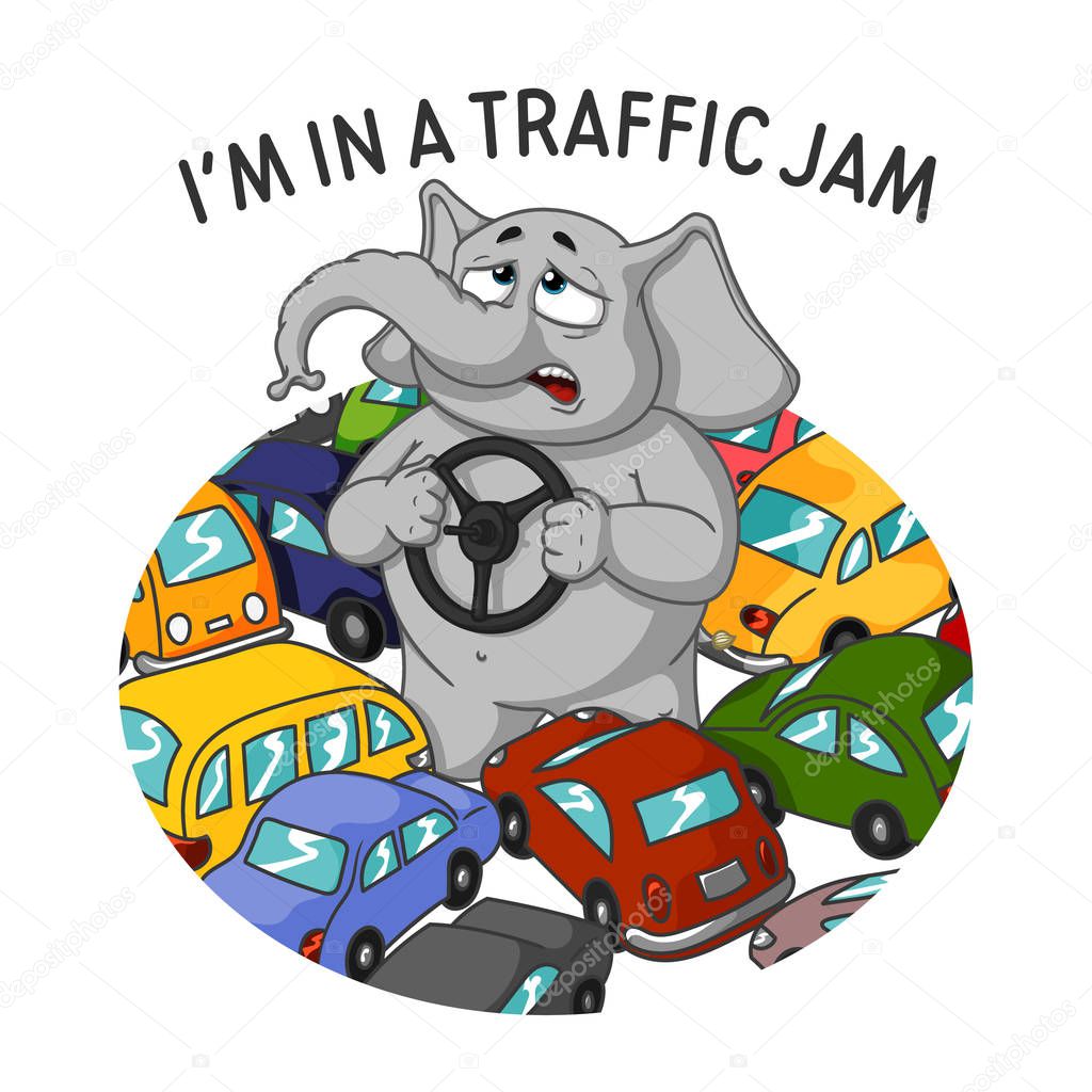 Elephant. Character. Standing in a traffic jam. Steering wheel in hands. A lot of cars. Big collection of isolated elephants. Vector, cartoon.