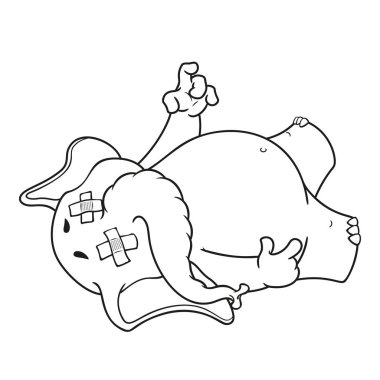 Fil. Karakter. Yorgun düştü. Ölü düştü. İzole filler büyük koleksiyonu. Vektör, çizgi film.