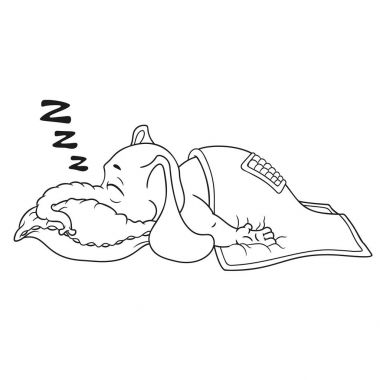 Fil. Karakter. Bir battaniye ile örtülü bir derin uyku ile uyuyor. İzole filler büyük koleksiyonu. Vektör, çizgi film.