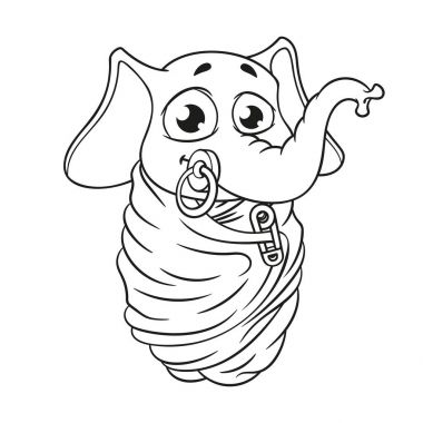 Fil. Karakter. Bebeğin ağzında emzik ile sarılır. İzole filler büyük koleksiyonu. Vektör, çizgi film.