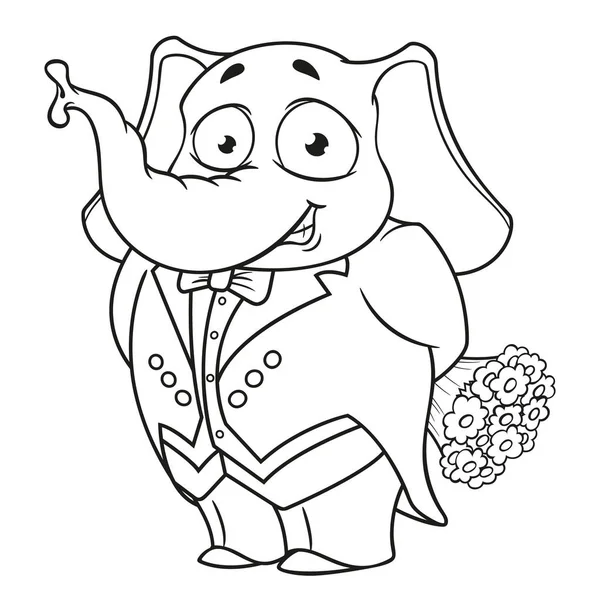 Elefant. Charakter. im Smoking mit einem Blumenstrauß in der Hand. große Sammlung isolierter Elefanten. Vektor, Karikatur — Stockvektor