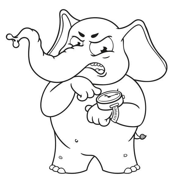 Elefant. Charakter. Wütend zeigt er auf die Uhr. große Sammlung isolierter Elefanten. Vektor, Karikatur — Stockvektor