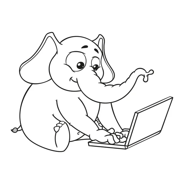 Slon. Charakter. Sedí u počítače. Práce na internetu. Komunikace v síti. Velká sbírka izolovaných slonů. Vektor, kreslený. — Stockový vektor