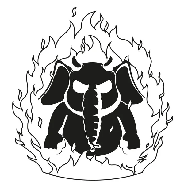 Fil. Karakter. Kötü kırmızı boynuzlar, yangın. Şeytan. İzole filler büyük koleksiyonu. Vektör, çizgi film.