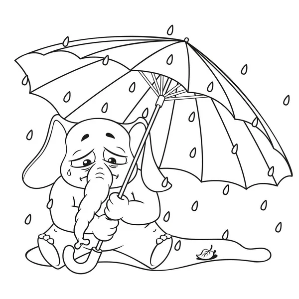 Слон. Характер. Плачет под зонтиком, осень, дождь. Большая коллекция изолированных слонов. Вектор, мультфильм . — стоковый вектор