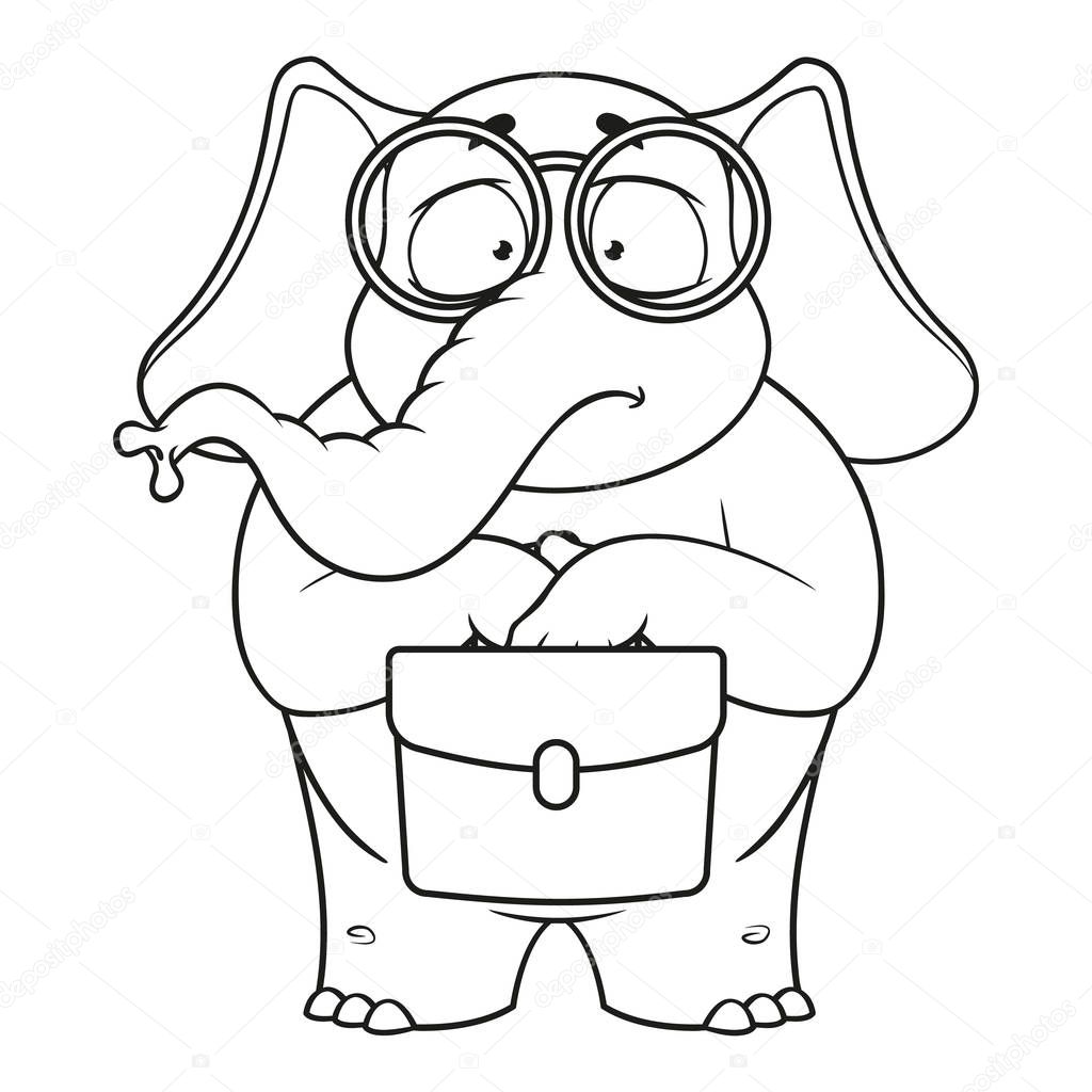 Elephant. Character. The botanist with glasses is holding a briefcase in his hands. Surprised. Big collection of isolated elephants. Vector, cartoon