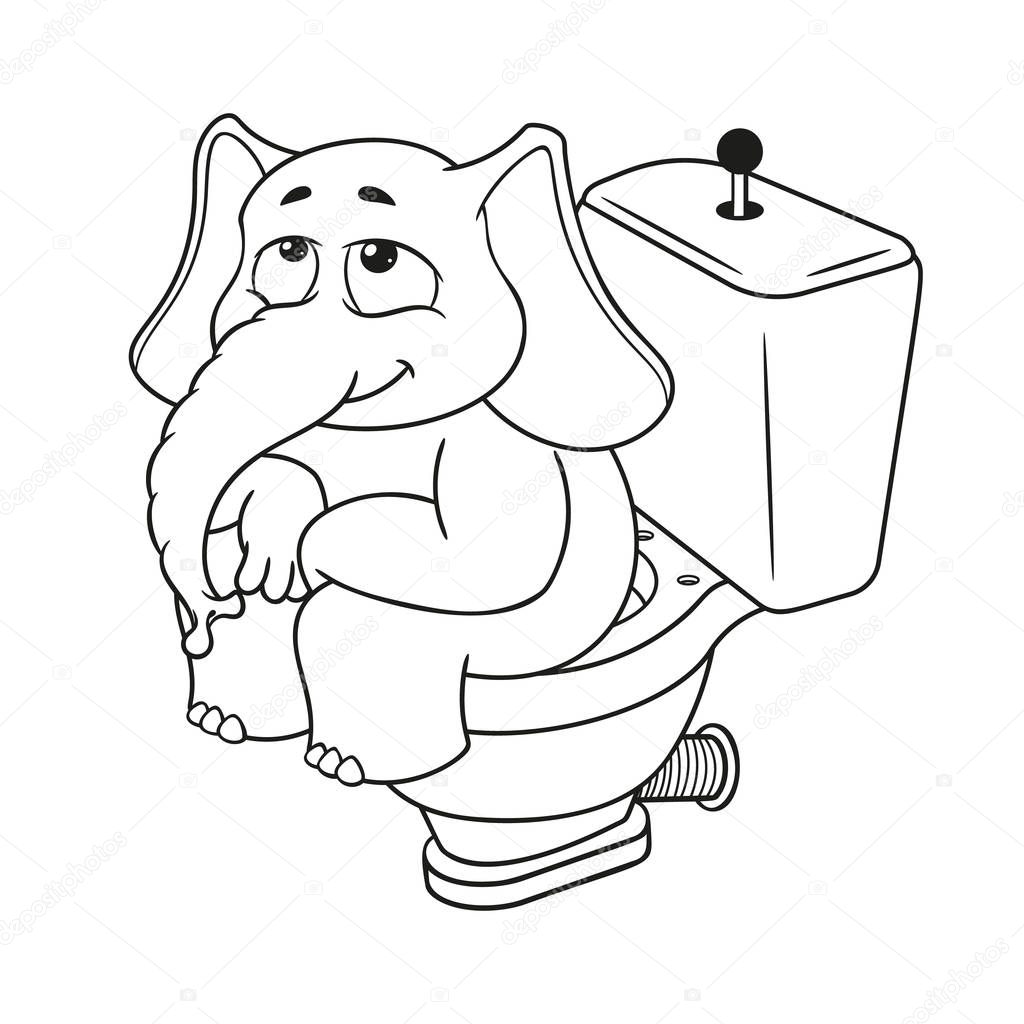 Elephant. Character. Sitting on the toilet. Big collection of isolated elephants. Vector, cartoon.