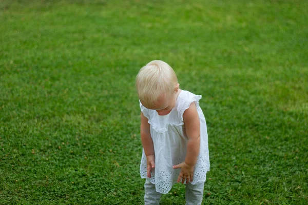 Cute Blond Lond Baby Girl Playing Grass Park — Stock Photo, Image