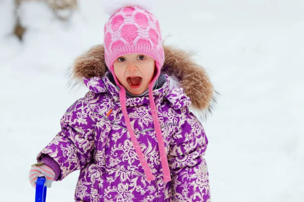 Cute Little Girl Wearing Bright Colored Snowsuit Pink Hat Playing — Stock Photo, Image