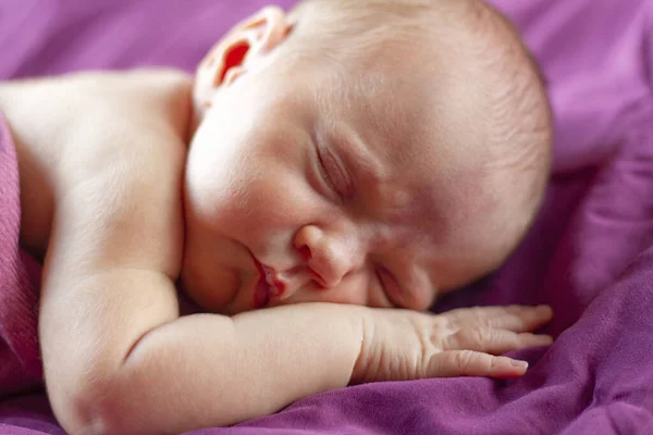 Dolce Neonato Che Dorme Nel Letto Con Coperta Rosa Ritratto — Foto Stock