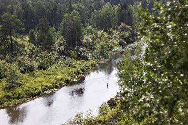 Rus doğasının güzel manzarası, dağdan ormana ve nehre güneşli bir yaz gününde manzara.