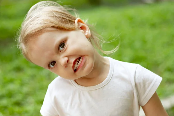 Portrait Cute Blond Toddler Girl Windy Summer Day Making Faces — Stock Photo, Image